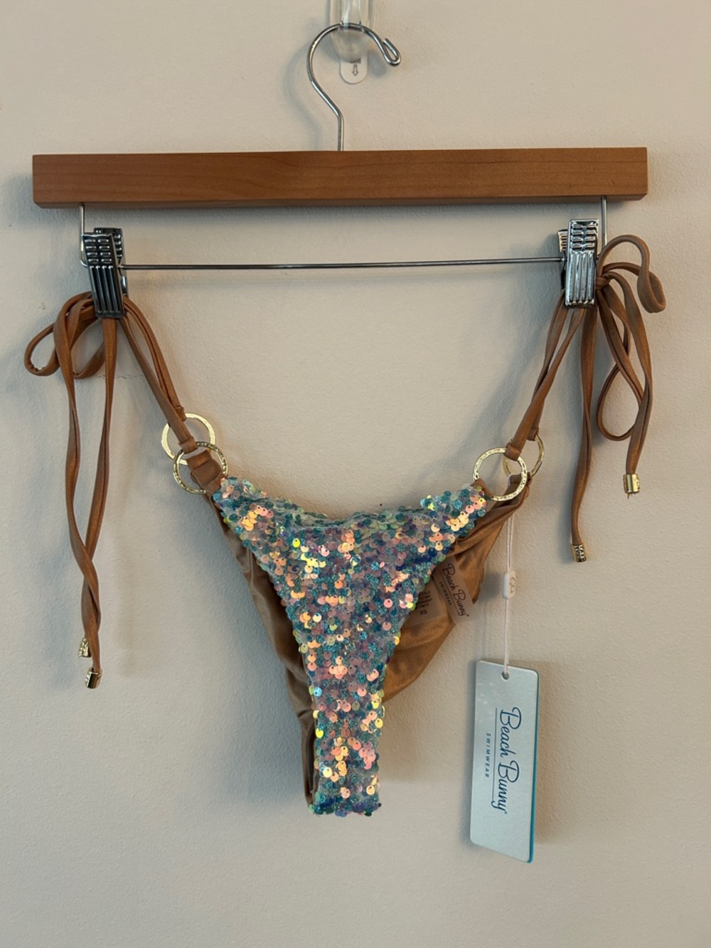 Beach Bunny Sequin Tie-Side Bikini Bottom in Tan with Iridescent Sequins